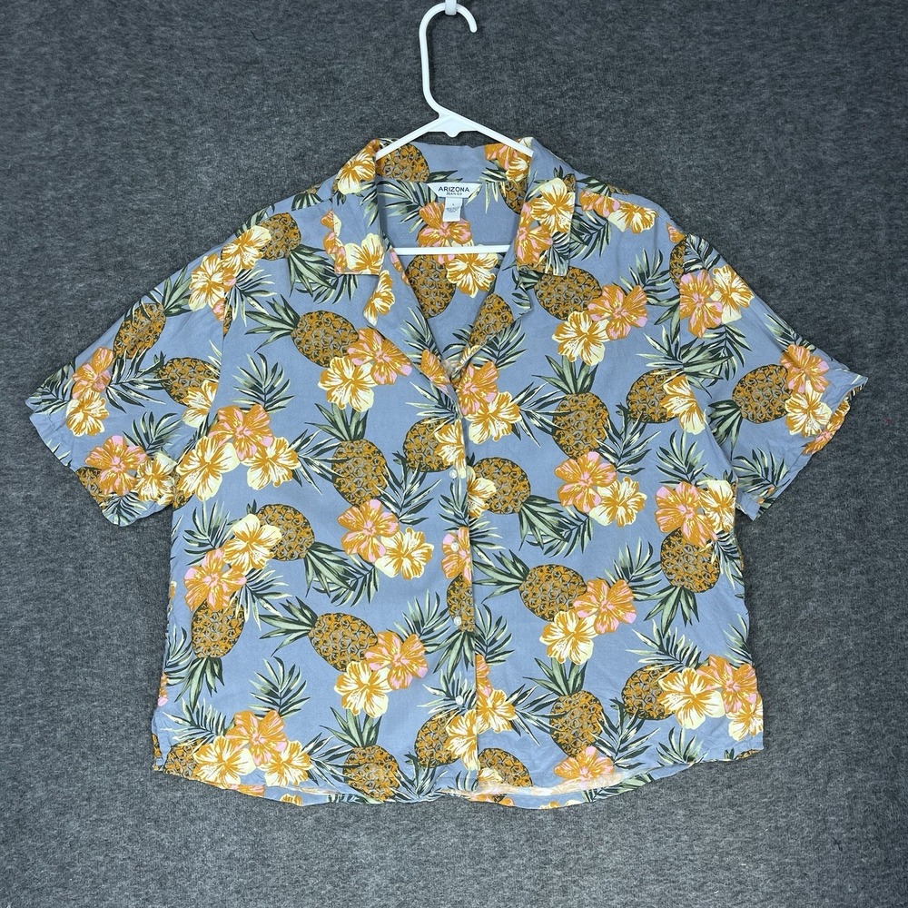 Y2K Arizona Jean Co Button Up Shirt Womens L Hawaiian Pineapple Print Rockabilly